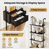 6-tier black ladder bookcase featuring 4 open shelves and 2 deep drawers, perfect for organizing books and decor.