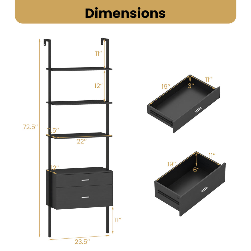 6-tier ladder bookcase in black with 2 drawers, featuring open shelves for versatile storage and a sturdy metal frame.