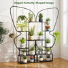 6-tier black metal plant stand with butterfly design, featuring 12 shelves and 4 hanging hooks for versatile plant.