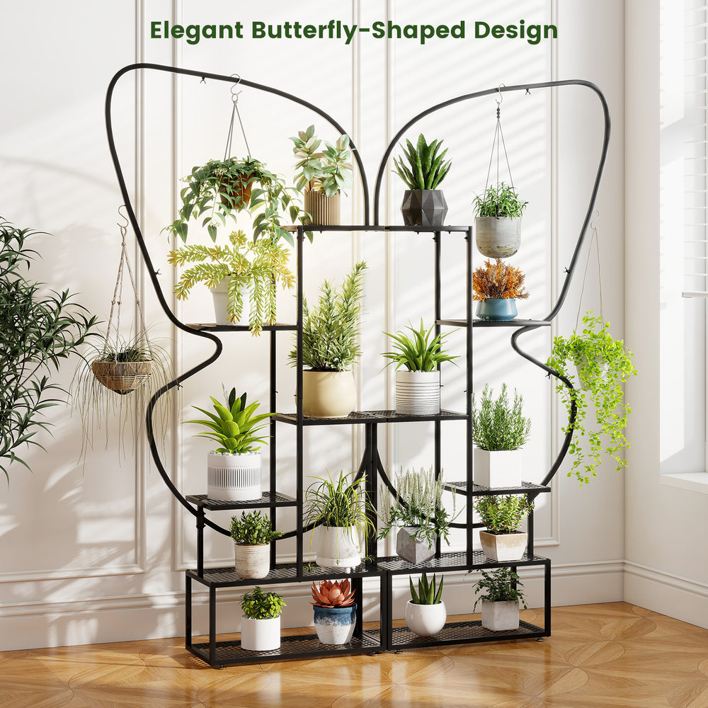 6-tier black metal plant stand with butterfly design, featuring 12 shelves and 4 hanging hooks for versatile plant.
