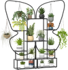 Elegant black 6-tier metal plant stand with butterfly design, featuring 12 shelves and 4 hanging hooks for versatile.