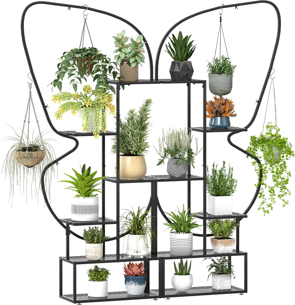 Elegant black 6-tier metal plant stand with butterfly design, featuring 12 shelves and 4 hanging hooks for versatile.
