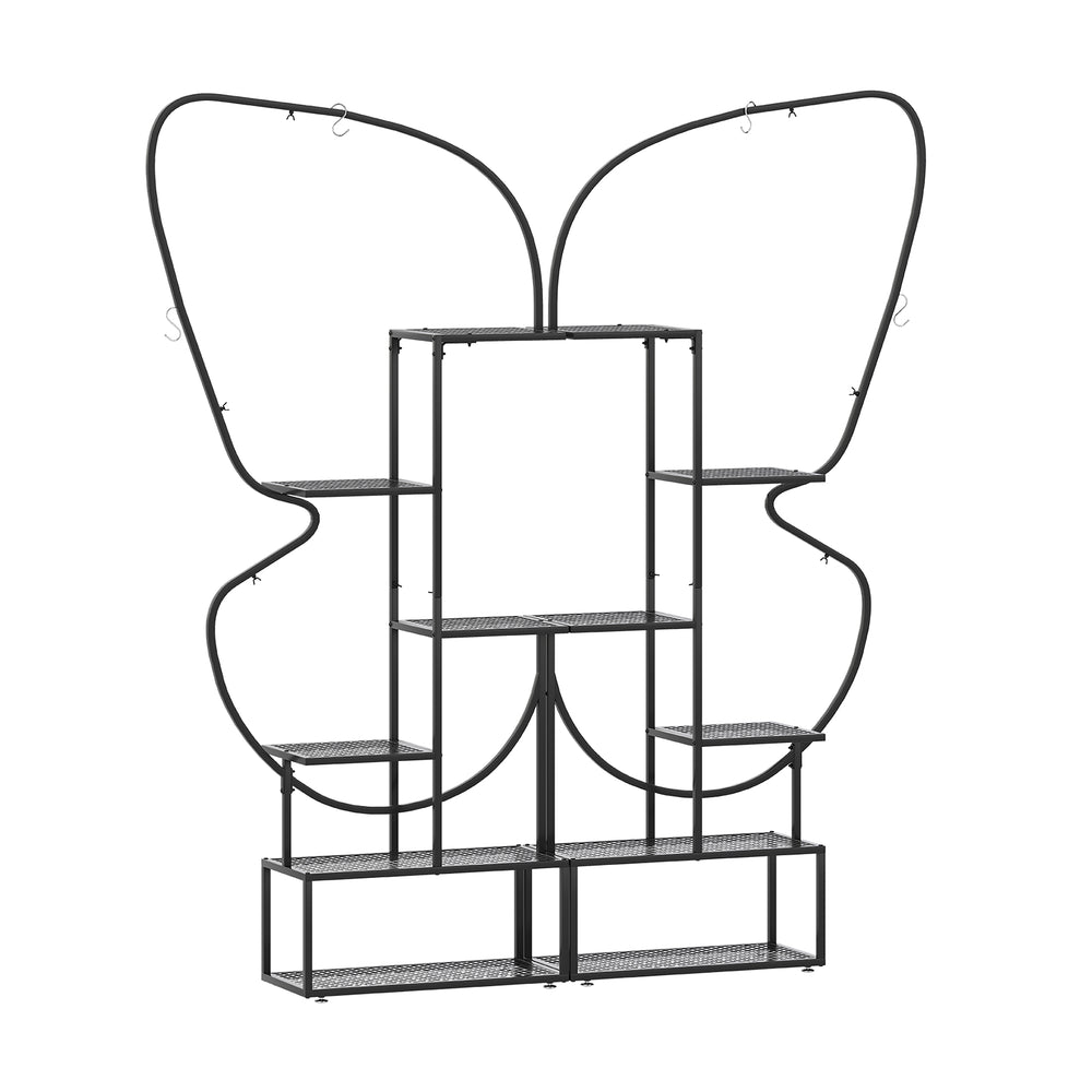 Elegant 6-tier black metal plant stand with butterfly design, featuring 12 shelves and 4 hanging hooks for versatile.