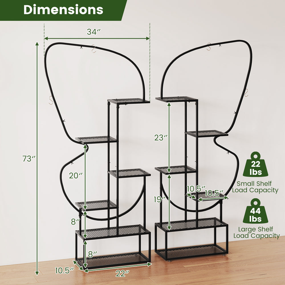 6-tier black metal plant stand ladder display rack with hanging hooks, featuring an elegant butterfly shape for.