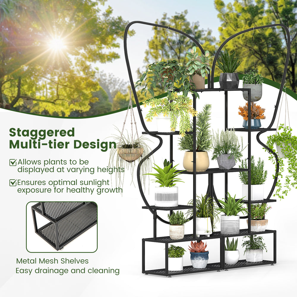 6-tier black metal plant stand with butterfly design, featuring mesh shelves and hooks for versatile plant display.