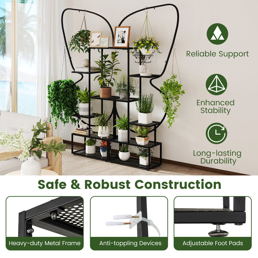 6-tier black metal plant stand with butterfly design, featuring adjustable foot pads and anti-toppling devices for.