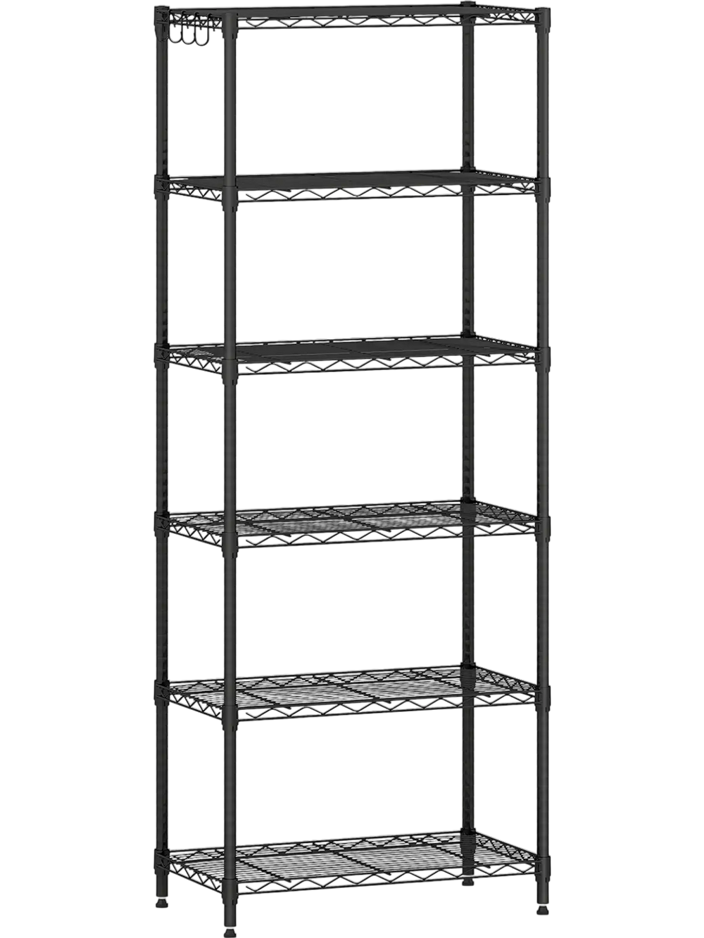 6-tier black metal storage shelving unit with adjustable shelves and V-shaped wire rack, ideal for kitchen or garage.