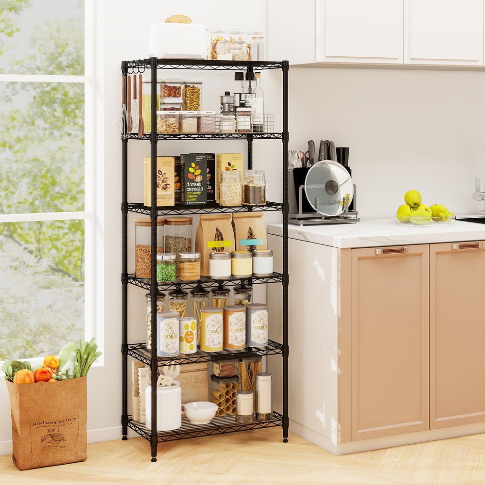 6-tier black metal storage shelving unit with adjustable shelves, ideal for organizing kitchen and pantry items.