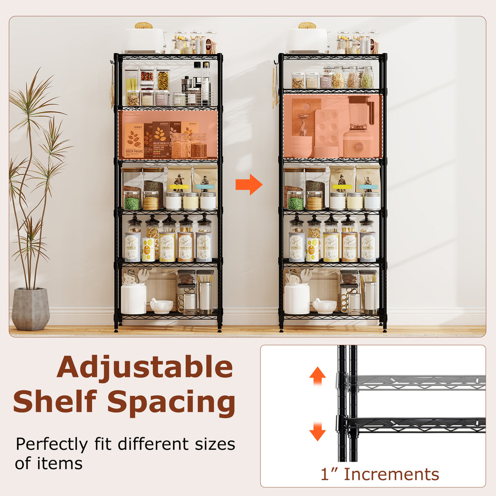 6-tier metal storage shelving unit with adjustable shelf spacing, black finish, perfect for organizing kitchen or.