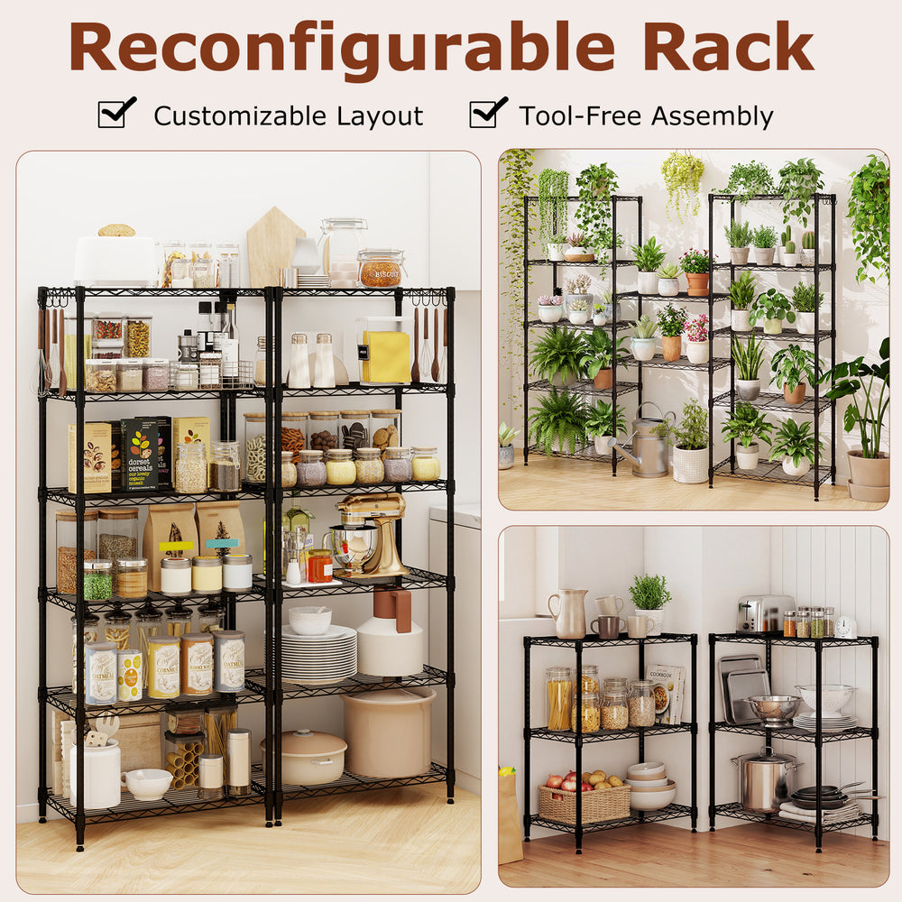 6-tier black metal storage shelving unit with adjustable shelves and V-shaped wire design, perfect for kitchen or.