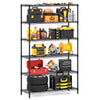 6-tier black metal storage shelving unit with adjustable shelves, ideal for garage organization and tool storage.