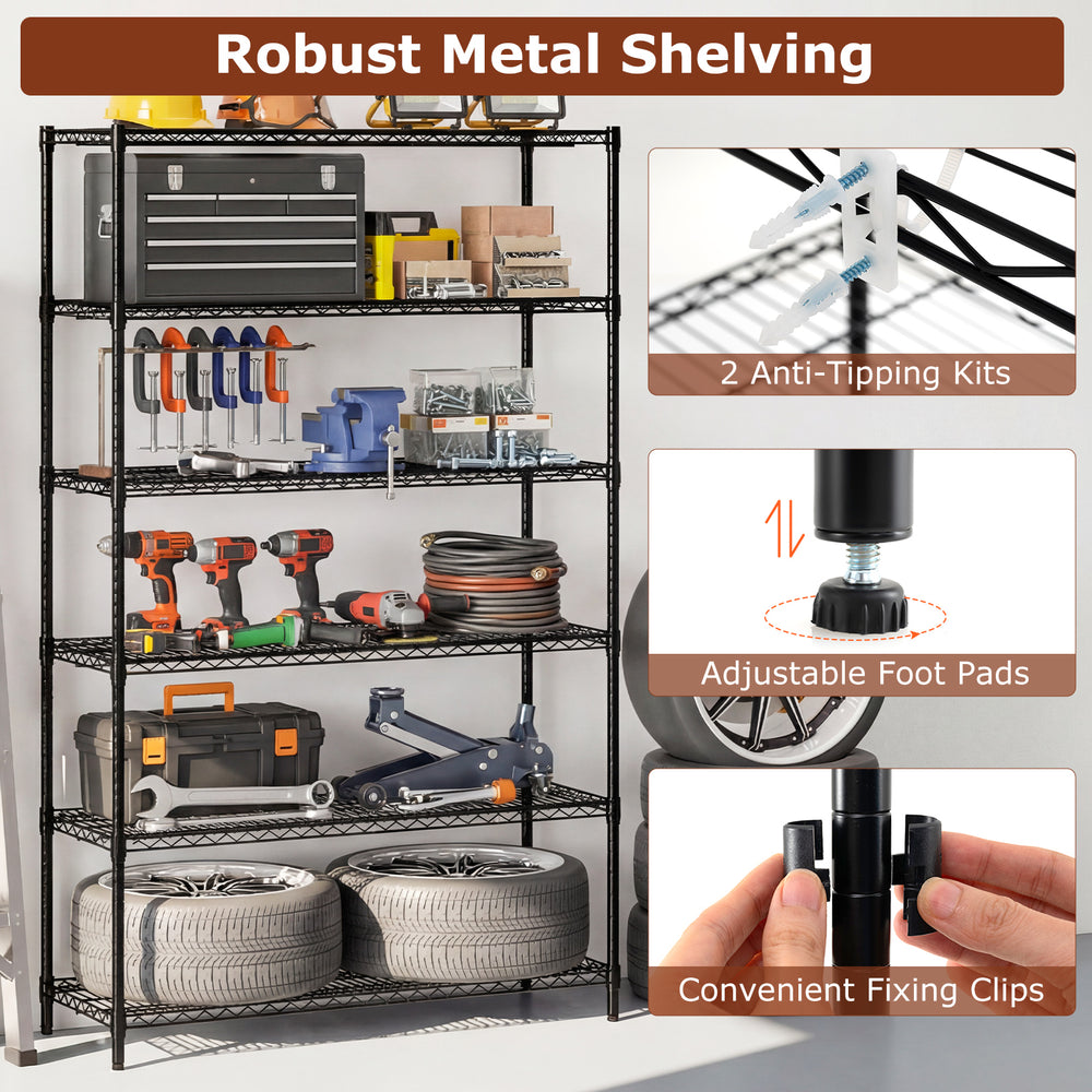 6-tier black metal storage shelving unit with V-shaped wire racks, adjustable shelves, and anti-tipping kits for garage.