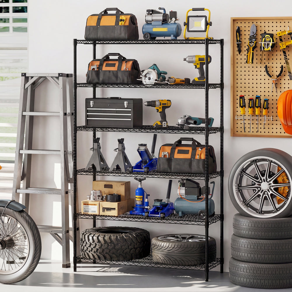 6-tier black metal storage shelving unit with adjustable shelves, ideal for garage organization and tool storage.