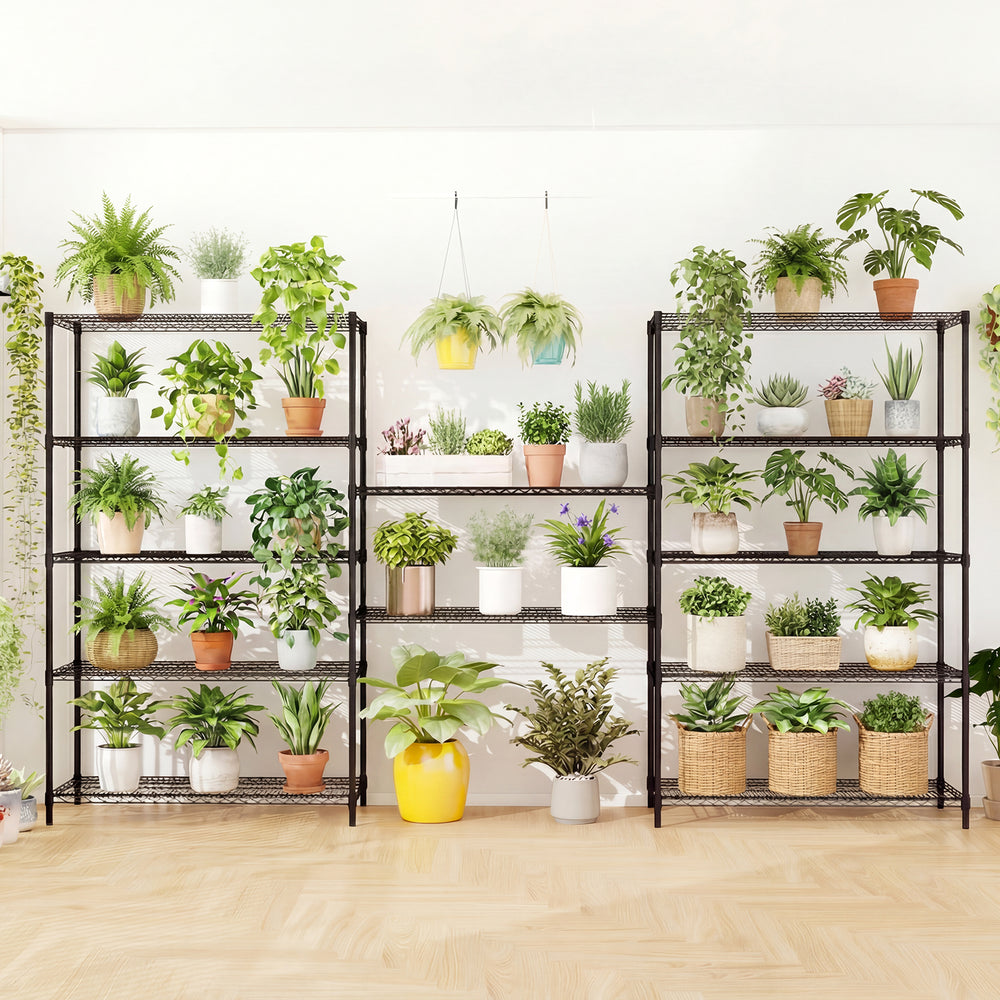 6-tier black metal storage shelving unit set with adjustable shelves, displaying various potted plants for versatile.