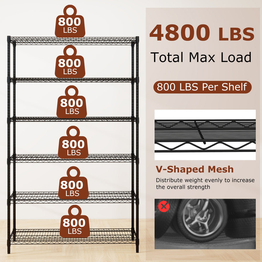 6-tier black metal storage shelving unit with adjustable shelves, supporting 800 lbs per shelf for versatile utility.