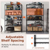 6-tier black metal storage shelving unit with adjustable shelves, ideal for garage or basement organization.