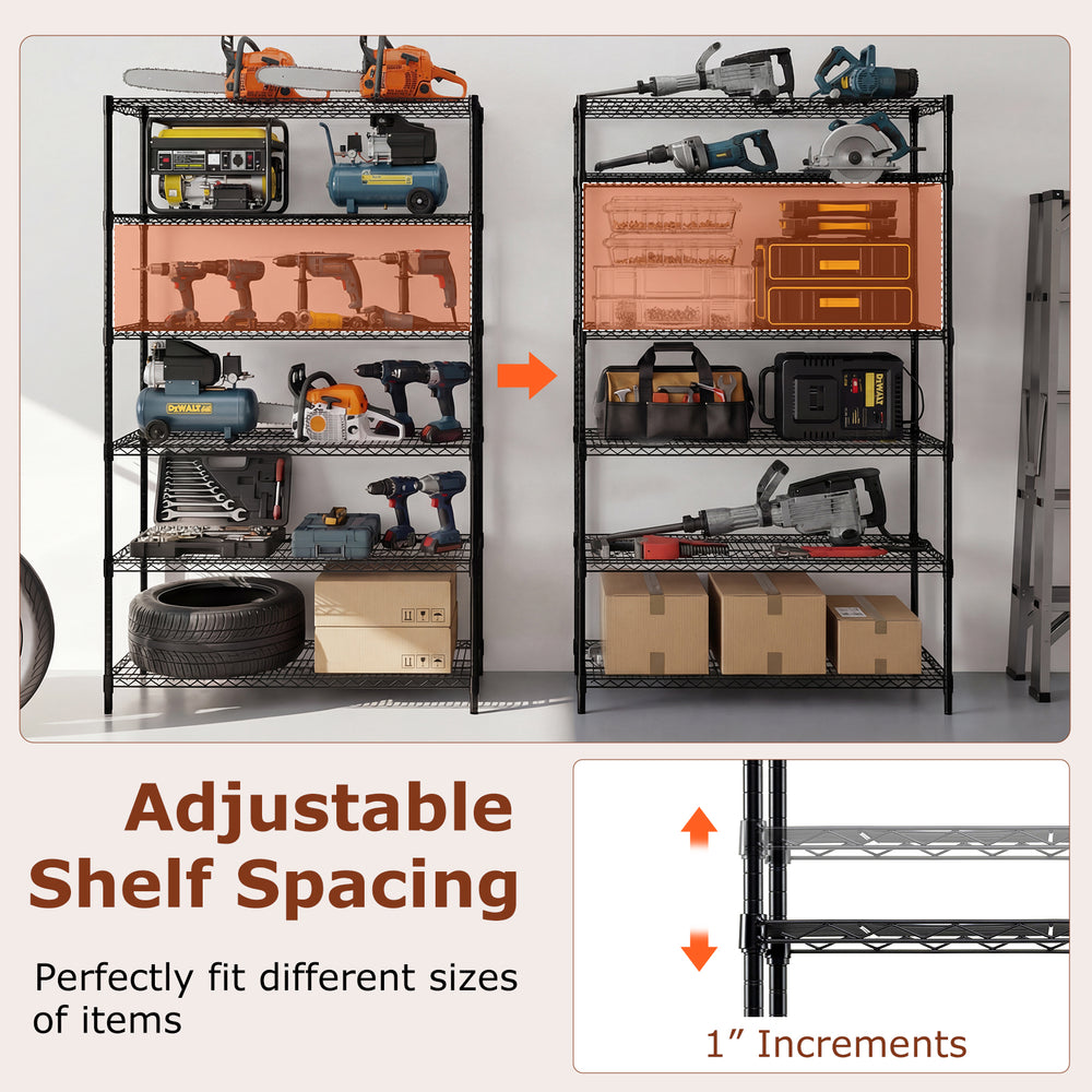 6-tier black metal storage shelving unit with adjustable shelves, ideal for garage or basement organization.