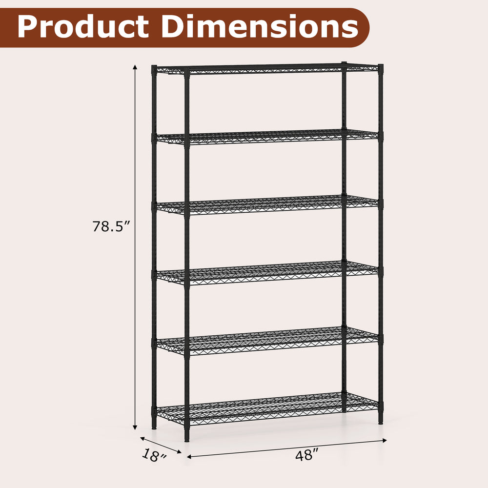 6-tier black metal storage shelving unit with adjustable shelves, measuring 78.5” x 48” x 18”, ideal for garage or.