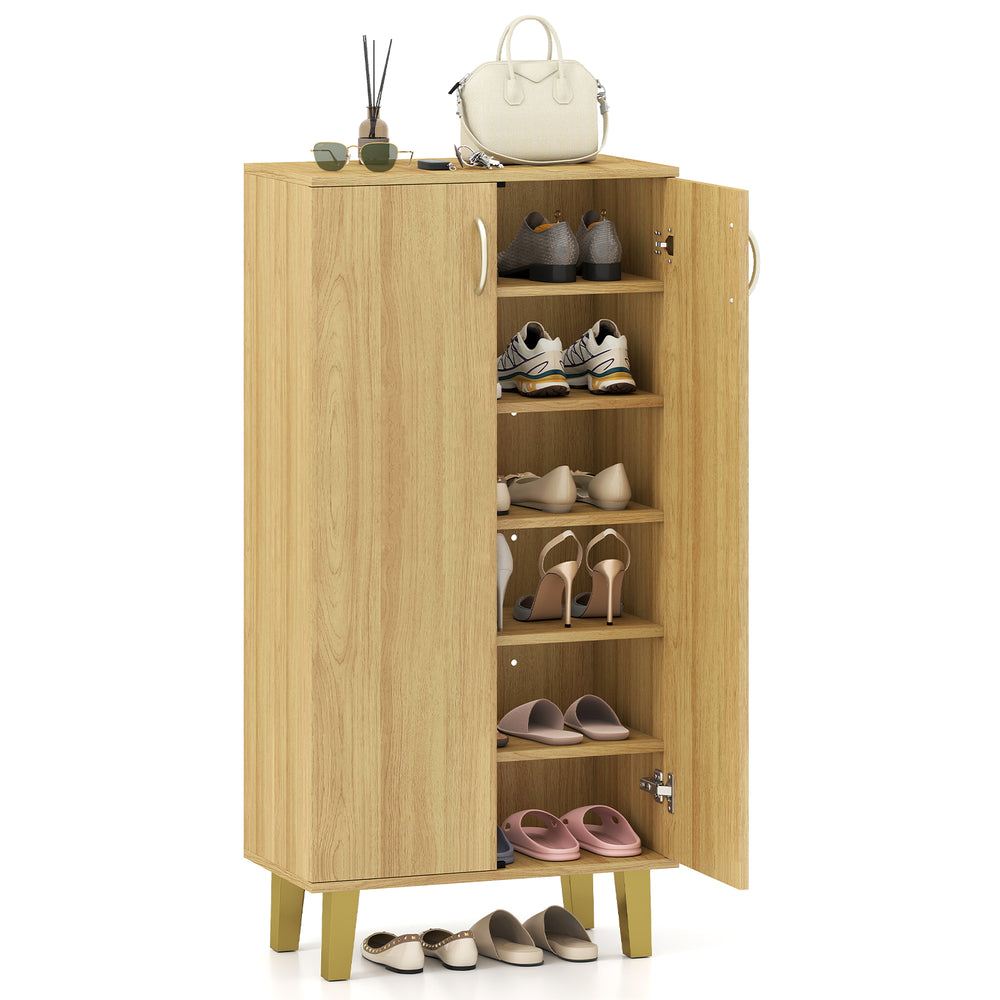6-tier wooden shoe cabinet in oak with removable shelves, spacious countertop, and anti-toppling device for entryway.