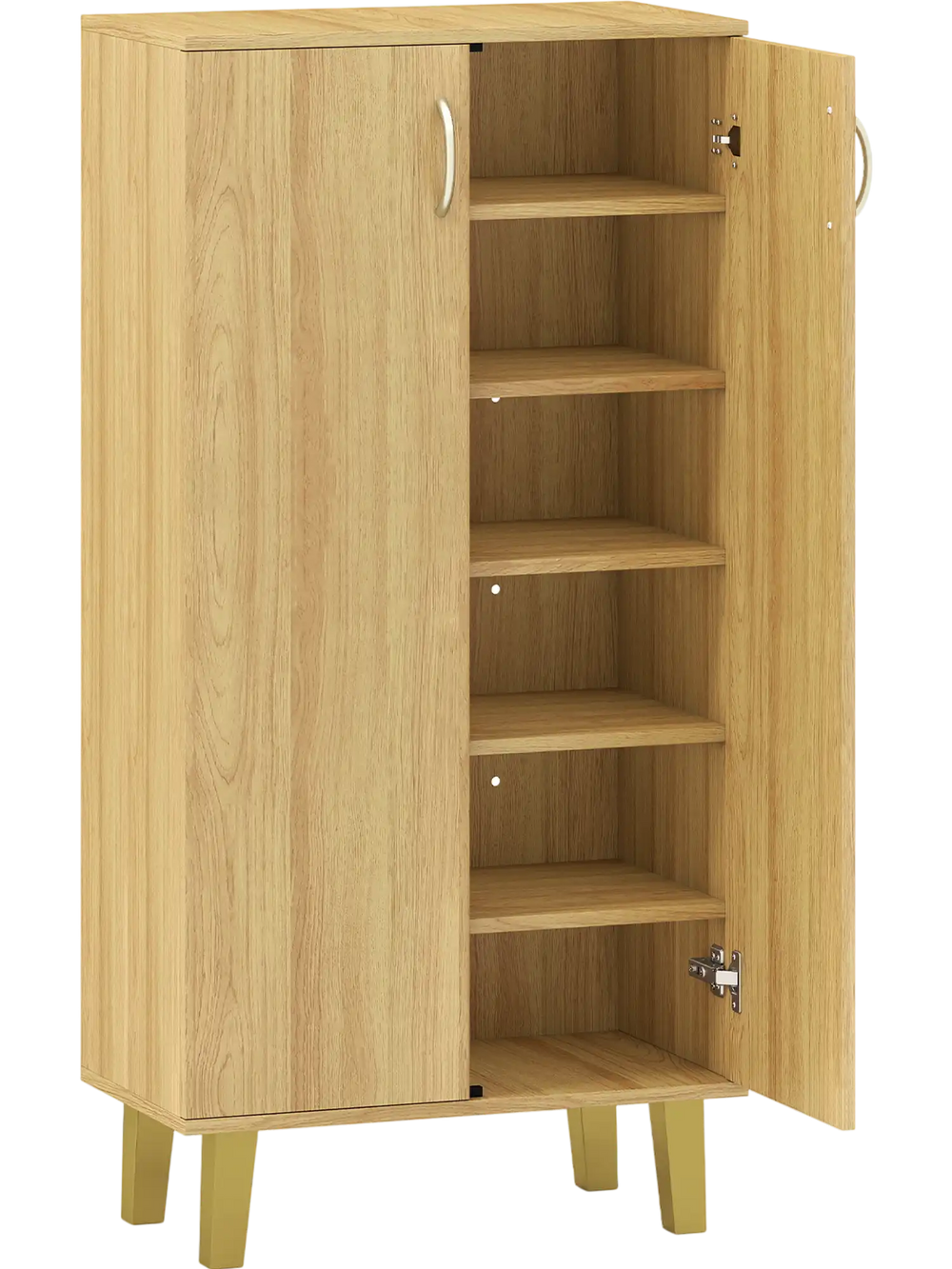 6-tier wooden shoe cabinet in oak with removable shelves, soft close hinges, and user-friendly handles for organized.