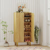 Modern 6-tier wooden shoe cabinet in oak with removable shelves, perfect for organizing shoes in entryways or living.