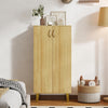 Modern freestanding wooden shoe cabinet in oak with two doors, removable shelves, and spacious countertop for entryway.
