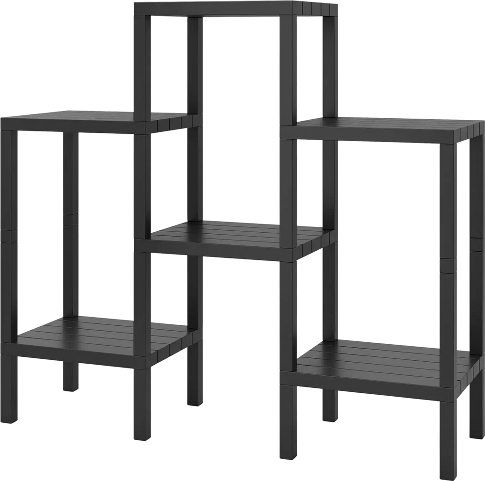 Modular 6-tier black plastic storage shelves with open design, suitable for living room or kitchen organization.