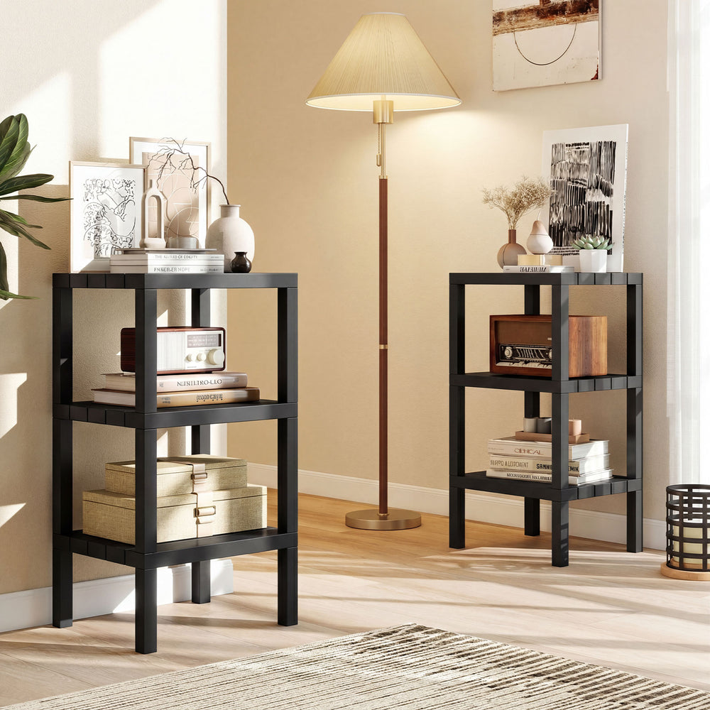 Black 6-tier modular storage shelves with open design, perfect for living room or kitchen organization and easy access.