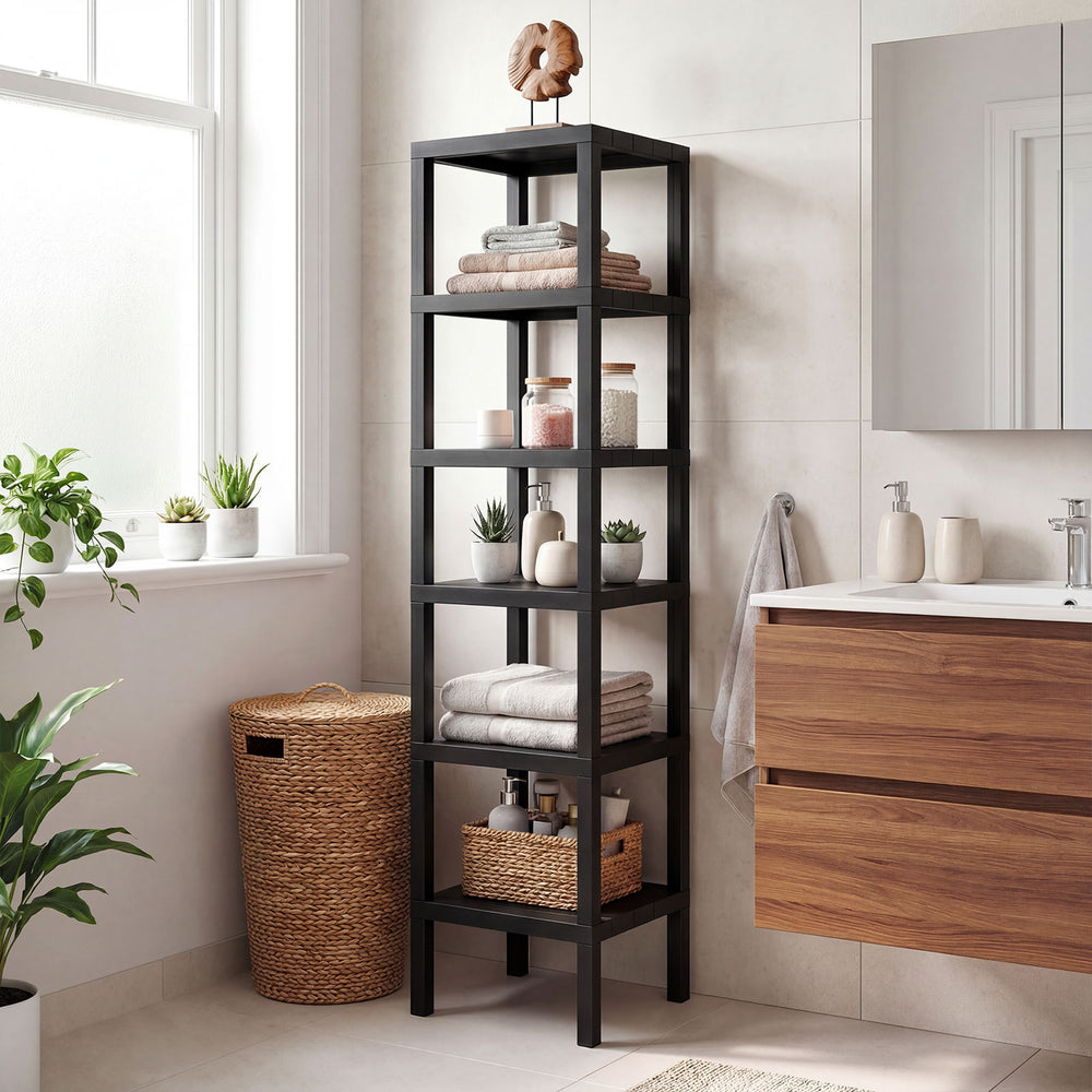6-tier black plastic modular storage shelves with open design, ideal for bathroom or kitchen organization.