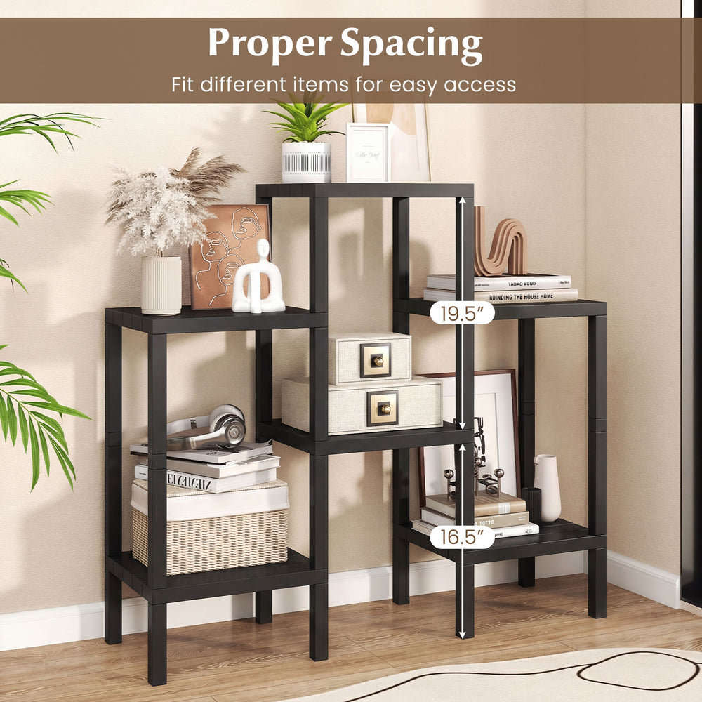 6-tier black plastic modular storage shelves with open design for easy access, suitable for living room and kitchen.