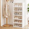 White 6-tier shoe organizer with clear doors, showcasing portable design and magnetic closure for efficient shoe storage.