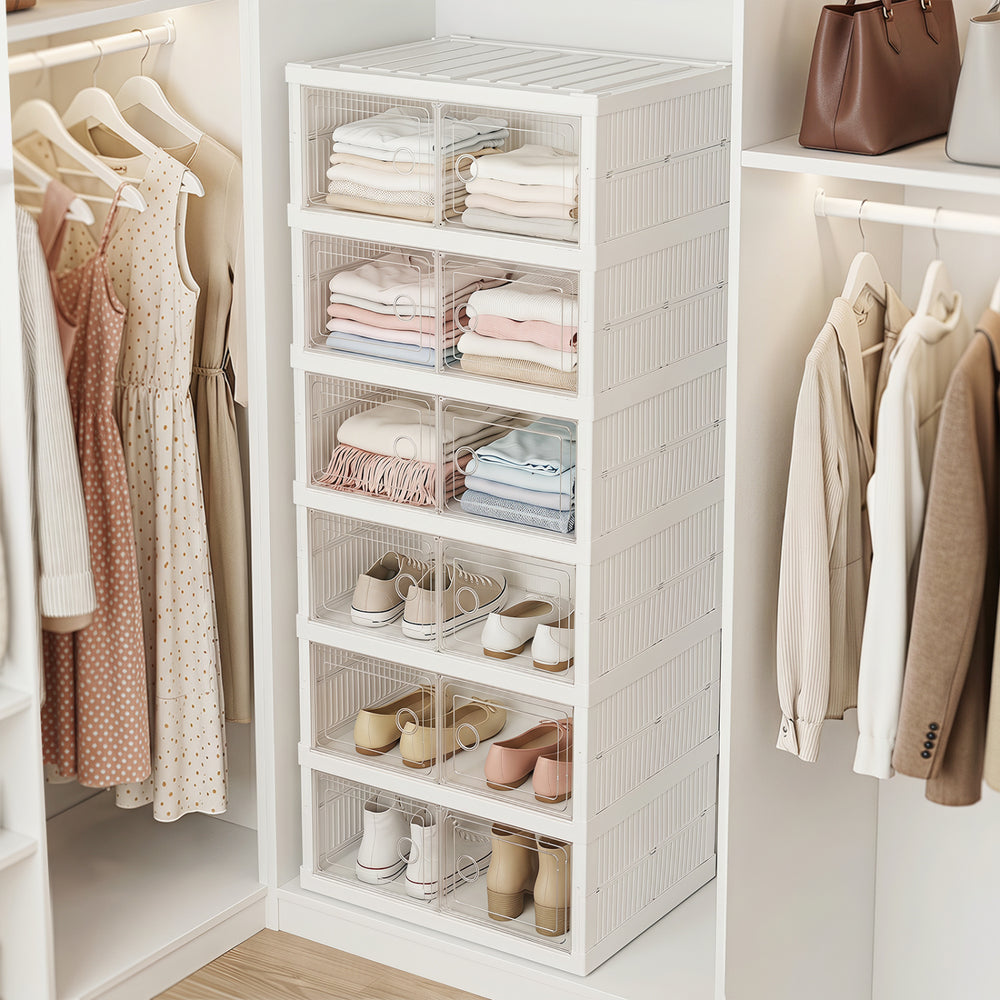 6-tier white shoe organizer with clear doors, designed for 12 pairs, ideal for closets or entryways.