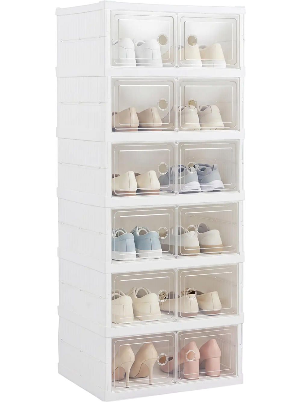 6-tier shoe organizer in white with clear doors, offering a portable design and easy shoe viewing for 12 pairs.