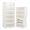 6-tier white shoe organizer with clear doors, featuring a foldable design for space-saving storage of 12 pairs.