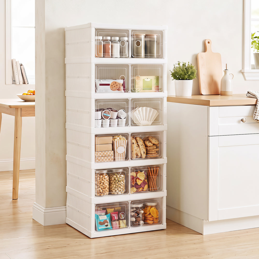 6-tier shoe organizer in white with clear doors, featuring ventilation holes to keep shoes fresh and organized in any space.