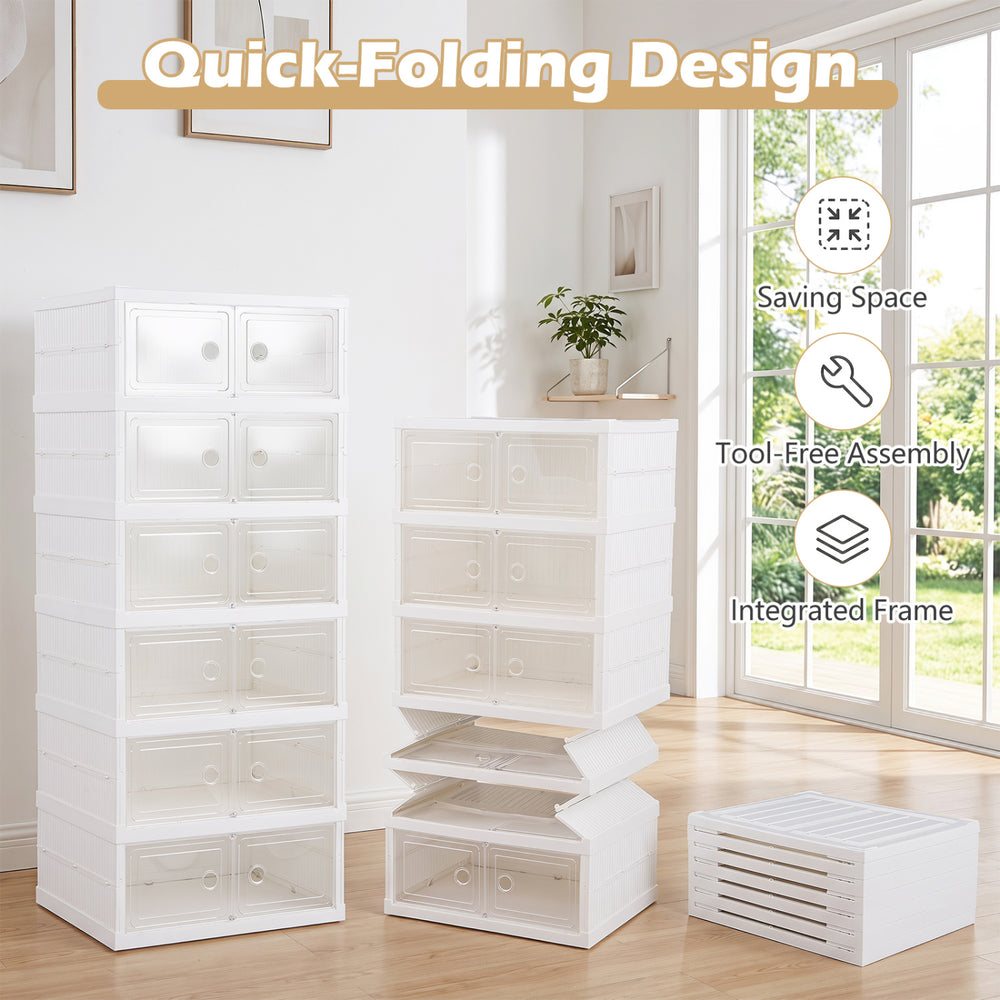 6-tier white shoe organizer with clear doors for 12 pairs, featuring a foldable design and tool-free assembly.
