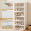 6-tier shoe organizer in white with clear doors, designed for 12 pairs, ideal for entryway or closet storage.
