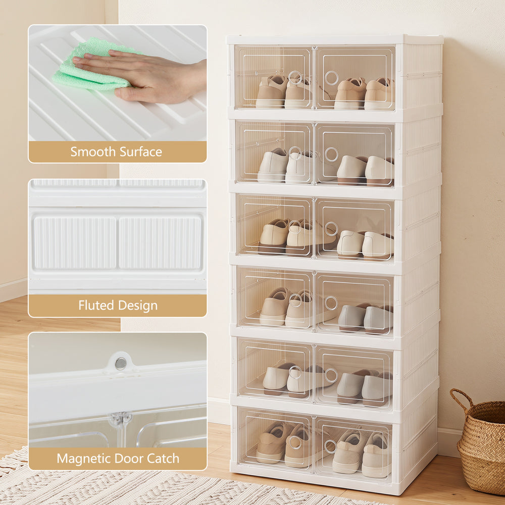 6-tier shoe organizer in white with clear doors, designed for 12 pairs, ideal for entryway or closet storage.