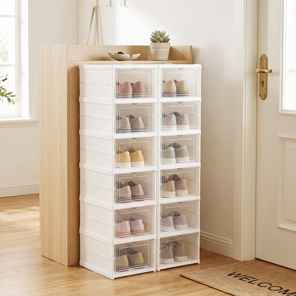 6-tier shoe organizer set in white with clear doors for 12 pairs, ideal for entryway or closet storage.