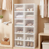 6-tier shoe organizer in white with clear doors, designed for 12 pairs, ideal for closets or entryways.