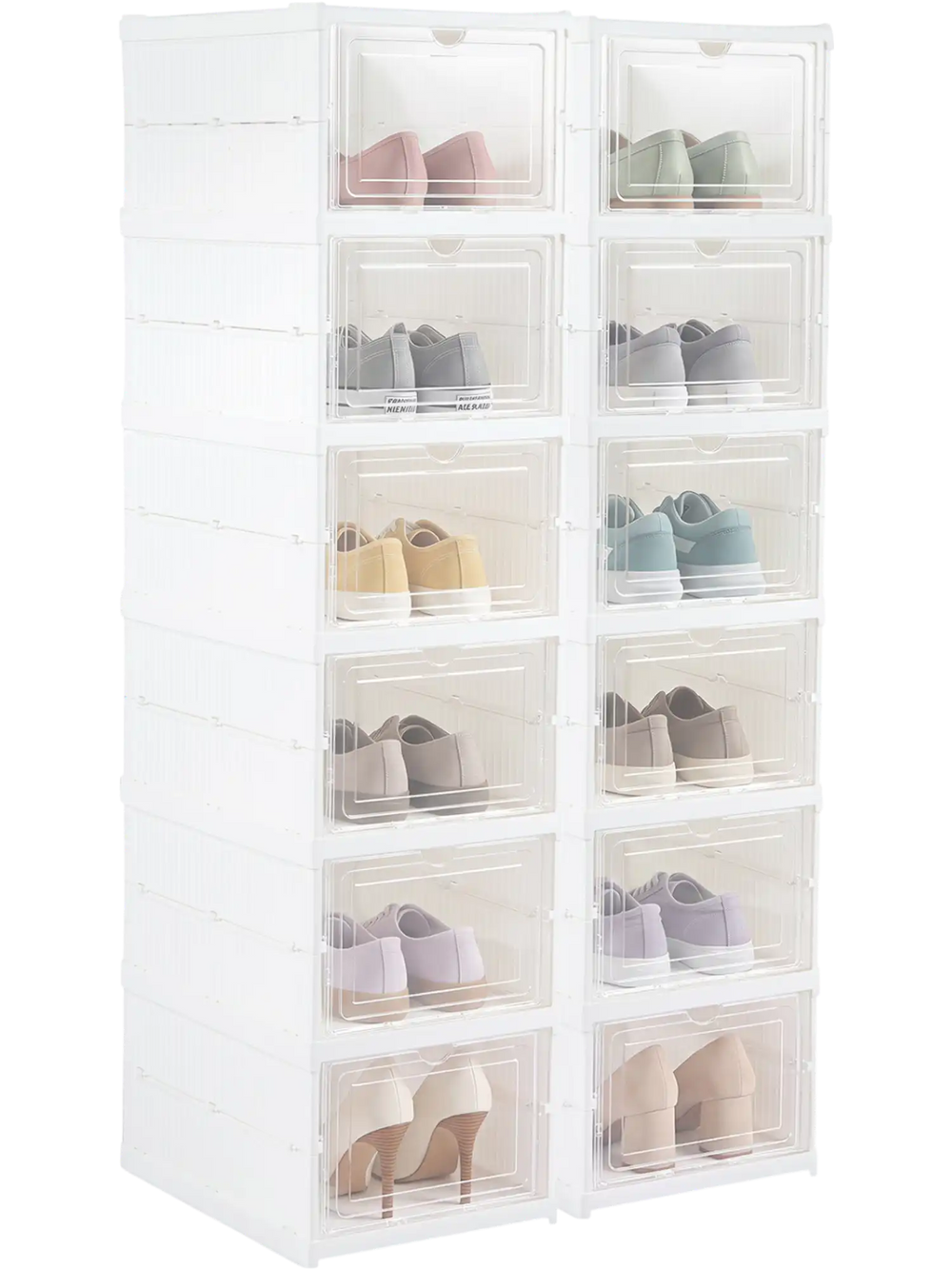 6-tier shoe organizer set in white with clear doors, holding 12 pairs, ideal for entryway or closet storage.