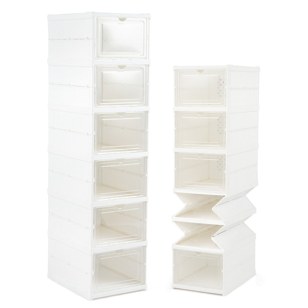 6-tier shoe organizer set of 2 in white with clear doors, designed for 12 pairs, ideal for closets or entryways.