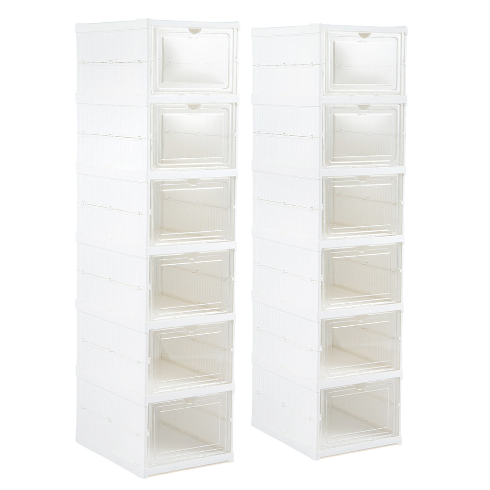 Two 6-tier white shoe organizers with clear doors, designed for 12 pairs, ideal for closets or entryways.