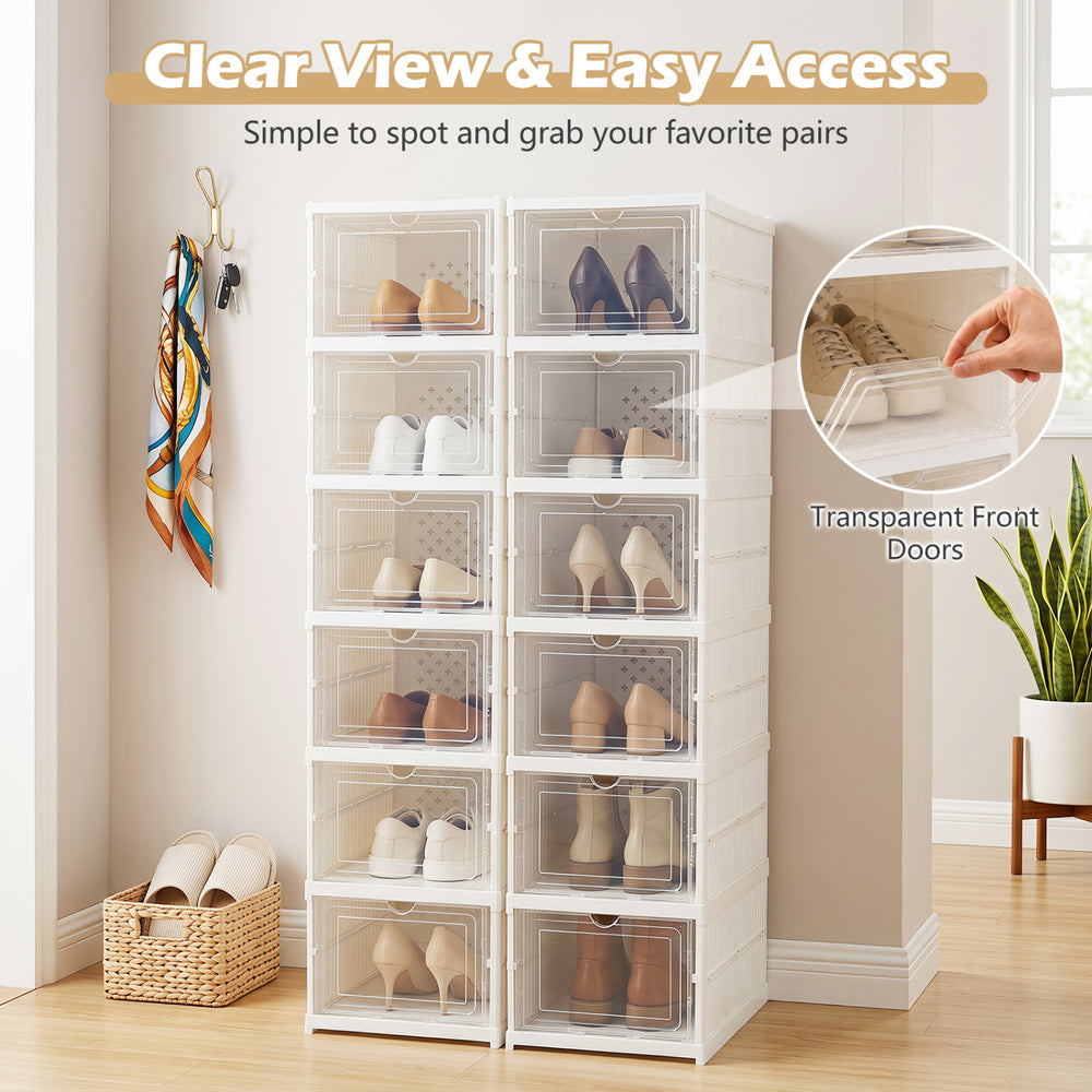 6-tier shoe organizer set in white with clear doors, designed for 12 pairs, ideal for entryway or closet storage.