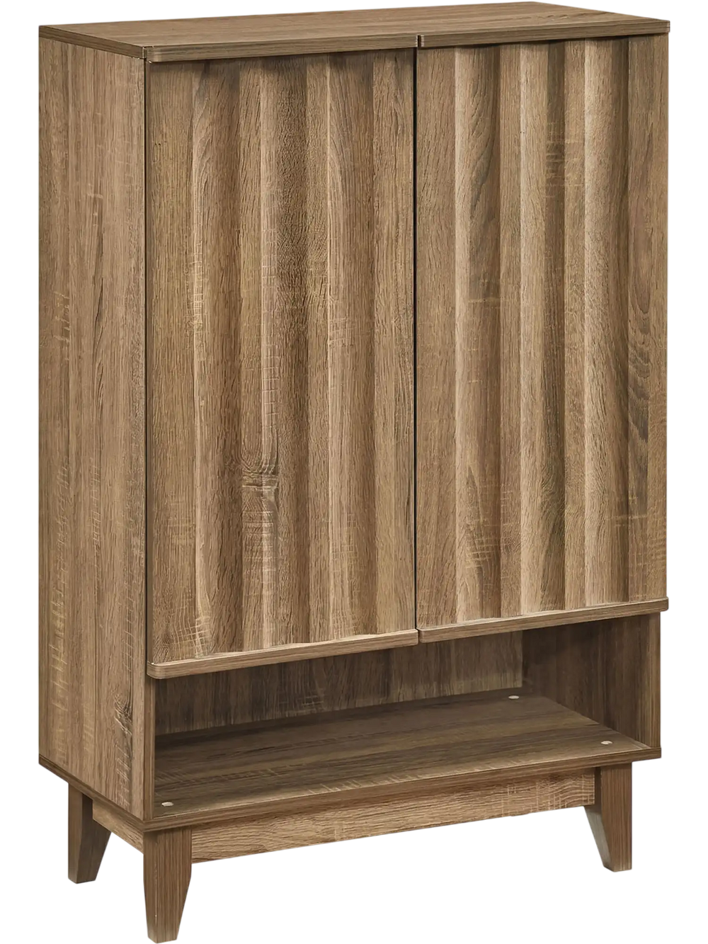 6-tier shoe storage organizer in oak with fluted doors, featuring removable shelves for versatile shoe storage.