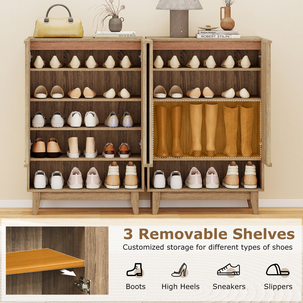 6-tier shoe storage organizer in oak with removable shelves, designed for boots, sneakers, and high heels, ideal for.