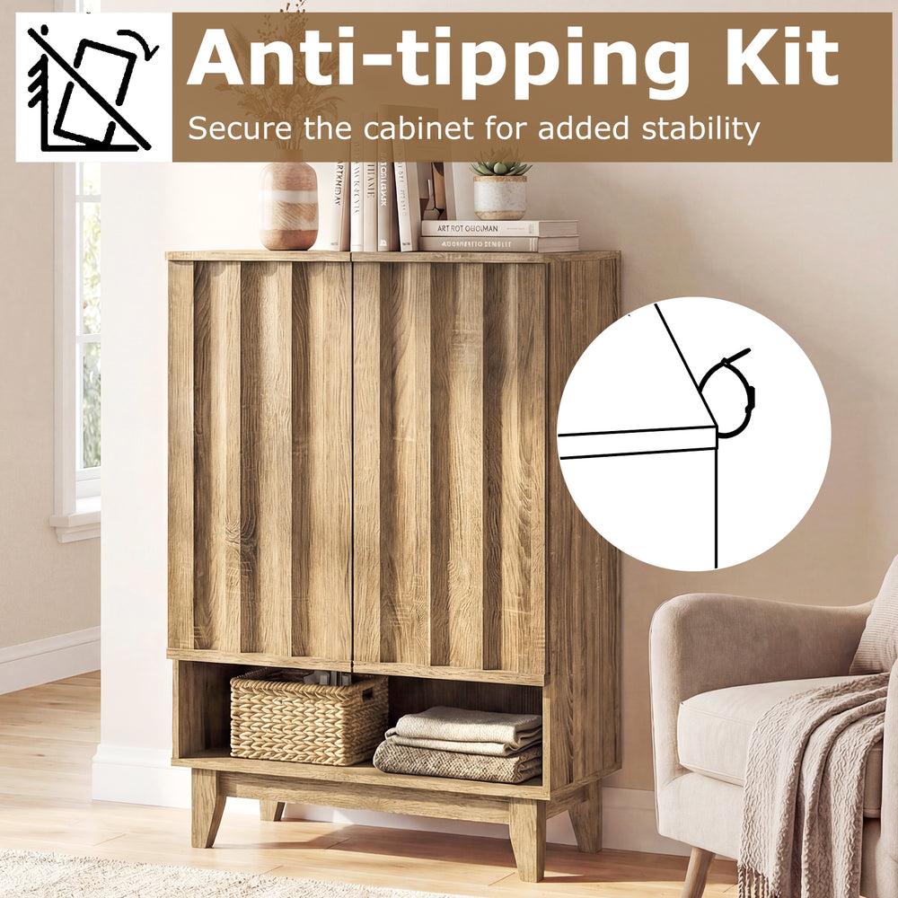6-tier shoe storage organizer in oak with fluted doors, featuring an anti-tipping kit for added stability and safety.