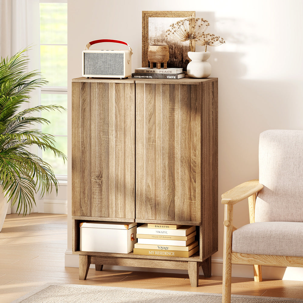 6-tier shoe storage organizer in oak with fluted doors, showcasing a stylish design perfect for living rooms and.