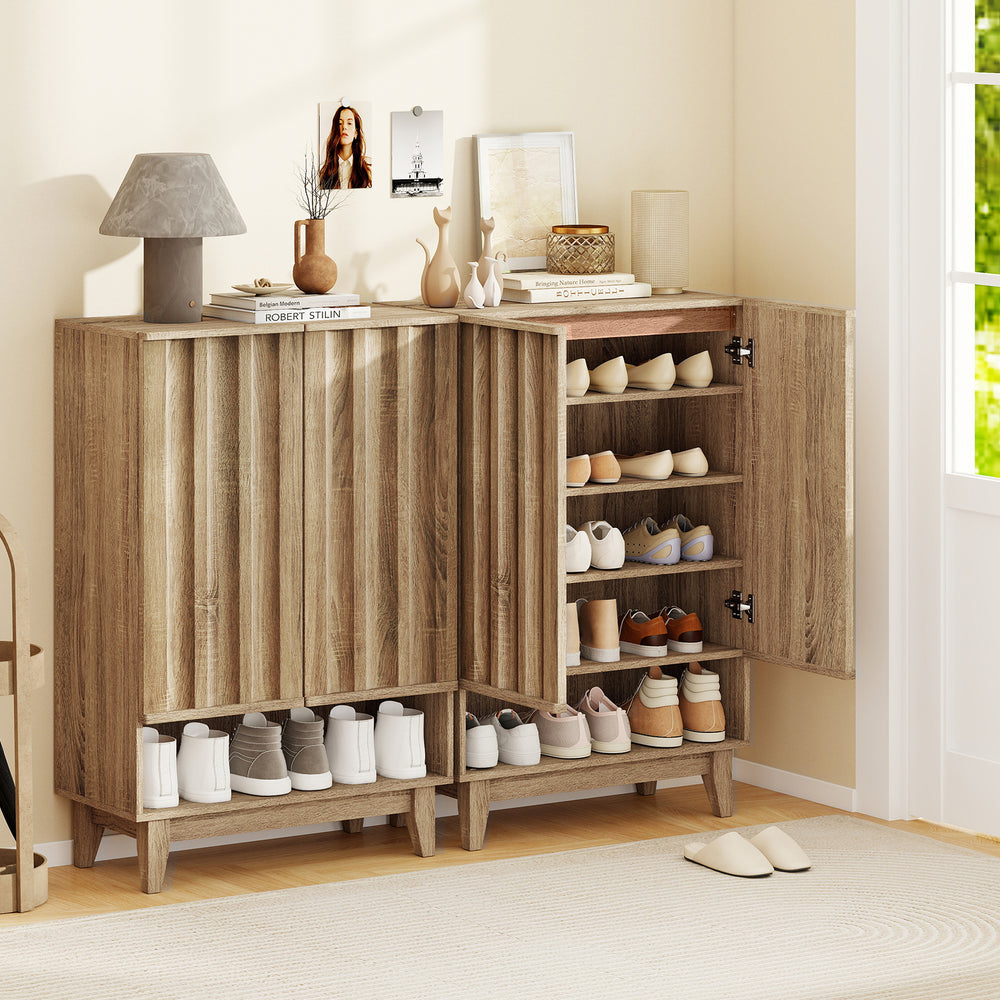 6-tier shoe storage organizer in oak with fluted doors, featuring removable shelves for various shoe types in a tidy.