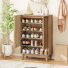 6-tier oak shoe storage organizer with fluted doors, featuring removable shelves for various shoe types, ideal for.